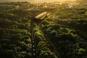 A captivating aerial view of a factory surrounded by lush greenery, celebrating International Labour Day, with the emphasis on harmonious coexistence between industrial development and nature.