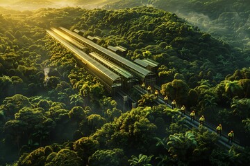 A captivating aerial view of a factory surrounded by lush greenery, celebrating International Labour Day, with the emphasis on harmonious coexistence between industrial development and nature.