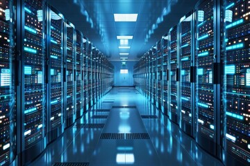 Rows of illuminated server hardware equipment in a modern data center with a blue ambient light - obrazy, fototapety, plakaty