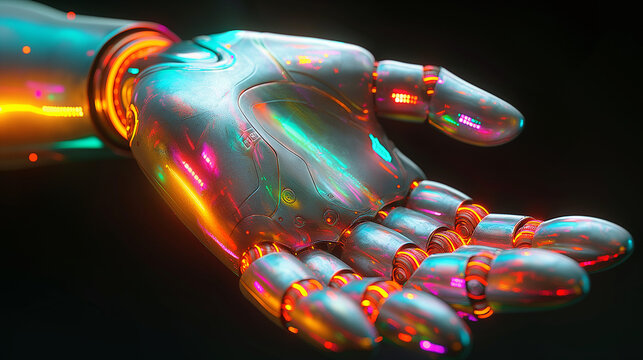 A robot hand with colorful and vibrant 3D glow, reaching out with a black background