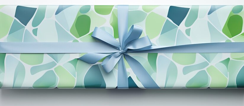 A creatively wrapped gift in green and blue paper with a symmetrical pattern of rectangles and circles, topped with an electric blue bow