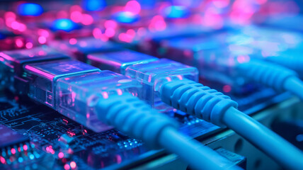 Close-up of network cables connected to switches with vibrant blue and pink lights, illustrating data transmission and high-speed internet connectivity. - obrazy, fototapety, plakaty