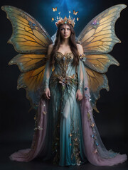 AI generated portrait of a young fairy with huge wings isolated on a dark background 