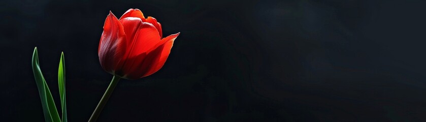 A vibrant red tulip stands boldly against a deep black void its petals a beacon of natural elegance and simplicity - obrazy, fototapety, plakaty
