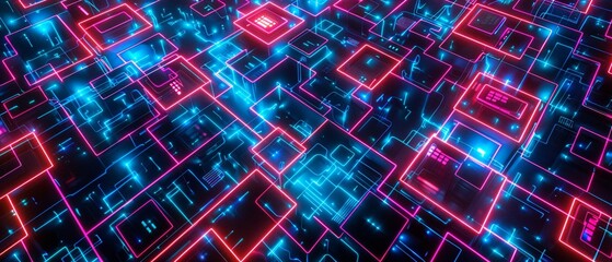 An intricate neon lit maze showcasing network defense strategies against malicious intrusions - obrazy, fototapety, plakaty