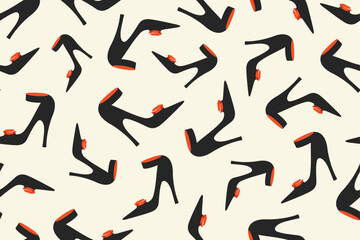 Shoes seamless pattern. Black Woman's high heeled with strap and red jewelry. Stylish elegant female shoes on white background. Vector illustration for textile, fabric, wallpapers, fashion industry