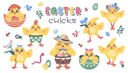Set of Cute funny Chickens stickers. Little birds with wildflower, wreath, funny clothers. Chick in easter egg, earthworm,  bee. Cartoon characters for decoration party, holiday, card. Vector