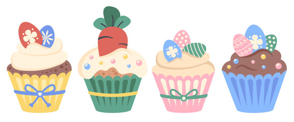 Set of Easter cakes. Festive cupcakes for decoration holiday. Sweet bread with decorated color eggs and carrot. Delicious pastry with cream, sparkling. Vector cartoon flat illustration