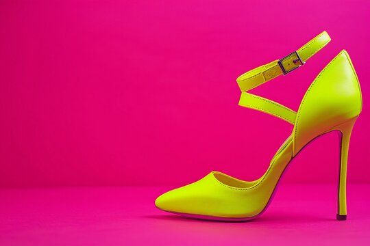Neon yellow ankle strap heels on a hot pink background