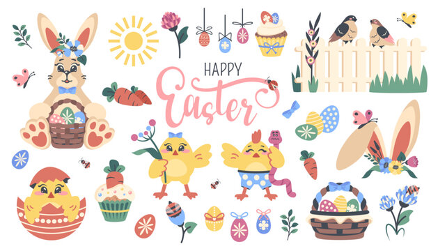 Easter set. Collection of cartoon funny animals, characters, decoration for celebration. Easter bunny, chickens, basket with egg, cake, birds. Spring decorative symbols. Vector  flat illustration