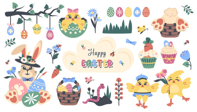 Easter elements isolated. Set of cute funny animals, characters, decoration for celebration. Easter bunny, chickens, basket with hare feet, painted eggs on branch, cake. Holiday decorations. Vector