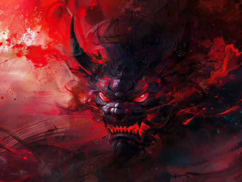 Japanese demon on red background
