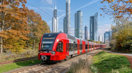 Obraz premium City train on tracks in urban area with tall modern skyscrapers in the background.
