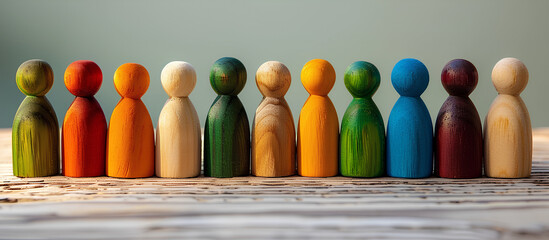 Wooden and colored figures representing diversity and inclusion - obrazy, fototapety, plakaty