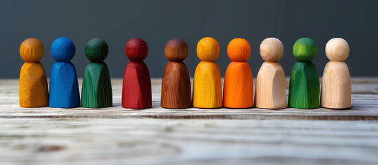 Wooden and colored figures representing diversity and inclusion - obrazy, fototapety, plakaty