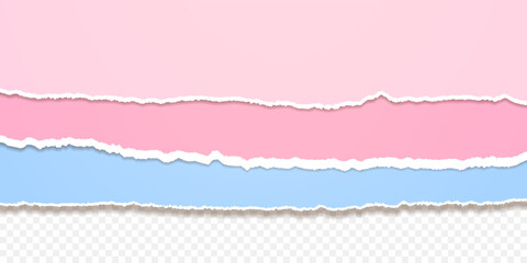 Vector design templates of torn sheet edges. Set of pink and blue jagged papers isolated on transparent backdrop