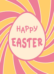 Happy Easter greeting card with groovy background. Easter Egg shaped frame. Vector illustration in retro style