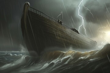 A large ship is in the water with a storm in the background. Noah's Ark concept - obrazy, fototapety, plakaty