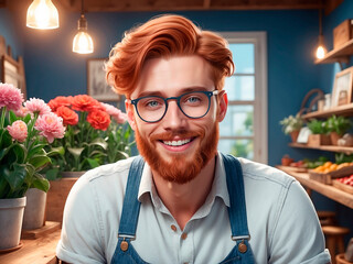 Red-haired man gardener in flower shop.