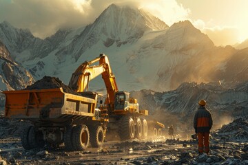 A man in a hard hat stands in front of a large construction vehicle - obrazy, fototapety, plakaty