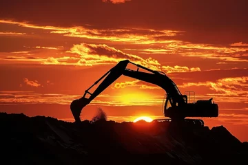 Plexiglas foto achterwand A large construction machine is digging into the ground at sunset © top images