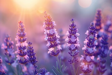 A field of purple flowers with the sun shining on them