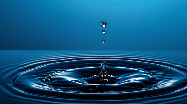 Water droplets touching the water surface ripple in circles Floating up from the surface of the water in mid-air Capture the beauty of water droplets in this timeless photograph against a horizontal b