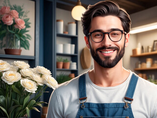Man gardener in flower shop.