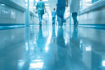 A group of people are walking down a hallway in a hospital