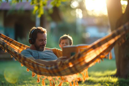 Father and son relaxing in hammock during golden hour