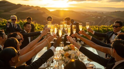 Golden hour vineyard wedding reception evokes love and celebration in destination ad - Powered by Adobe