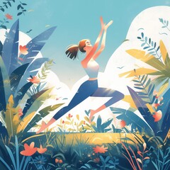 Joyful woman leaping in an illustrated colorful garden