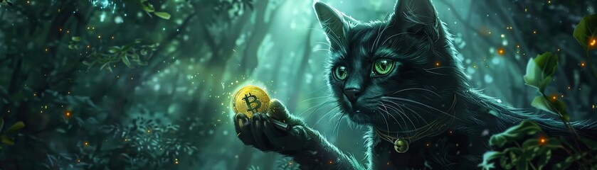 A whimsical cat clutching a glowing Bitcoin eyes shimmering with devotion and fierce protection