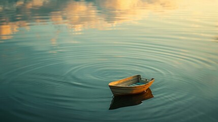 Amidst the calm waters of a pristine lake a simple wooden toy boat sails under the soft light of dawn - obrazy, fototapety, plakaty
