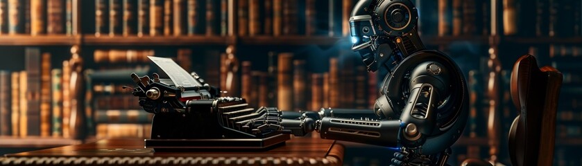 An AI robot meticulously typing on a classic typewriter surrounded by old books and dim - obrazy, fototapety, plakaty