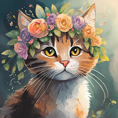 꽃 왕관을 쓰고 있는 귀여운 고양이 일러스트