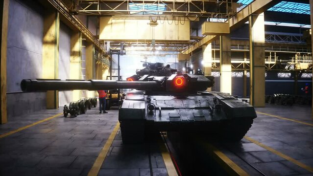 Production of military russian battle tank T 90 at the factory. Military factory weapon. Realistic 4k animation.