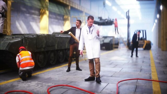 Production of military russian battle tank T 90 at the factory. Military factory weapon. Realistic 4k animation.