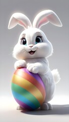A fluffy white easter bunny with floppy ears stands on its hind legs, nose twitching excitedly. It gazes up at a giant, rainbow egg. 