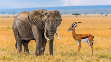 Harmonious wildlife harmony  elephant and gazelle together in golden savanna at dawn
