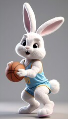 Fluffy Easter Bunny playing basketball. Adorable 3D Render on White Background