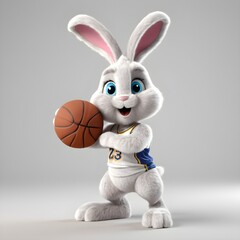 Fluffy Easter Bunny playing basketball. Adorable 3D Render on White Background