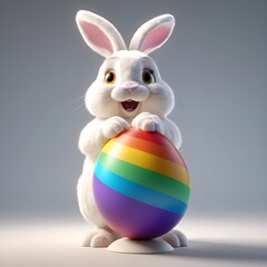A fluffy white easter bunny with floppy ears stands on its hind legs, nose twitching excitedly. It gazes up at a giant, rainbow egg. 