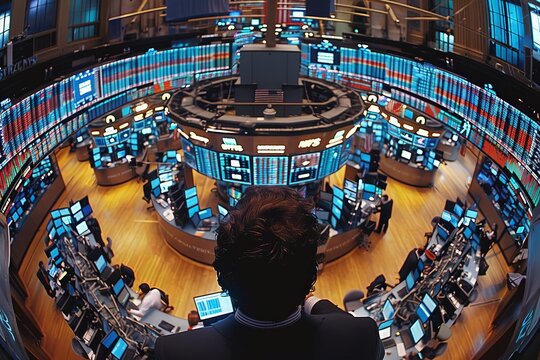 A bustling stock exchange floor filled with traders and screens displaying financial data