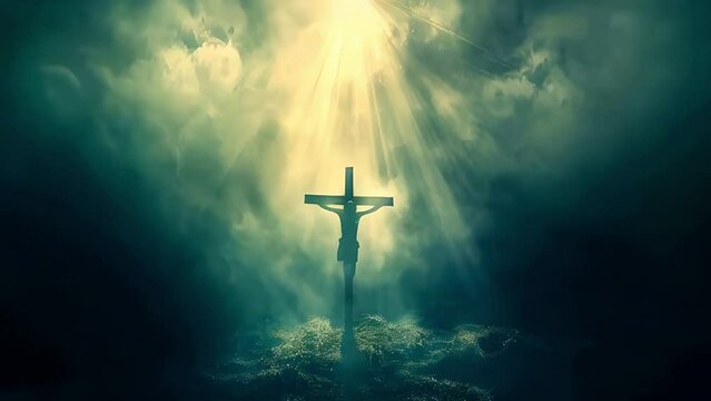 Captivating Easter depiction of Jesus on the cross, silhouetted against a divine light shining from heaven, embodying hope and redemption