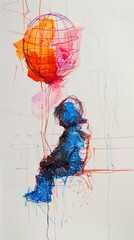 A beautiful abstract drawing sketch of a child sitting holding a balloon. Art sketch made with pens of a child and his red balloon.