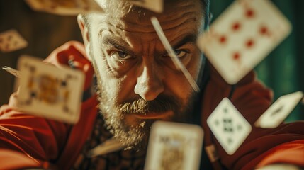 Guilty Character with Oversized Poker Cards - obrazy, fototapety, plakaty