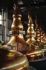 Fototapeta na wymiar Scenic scottish highlands distillery with craftsmen operating copper stills in historic ambiance