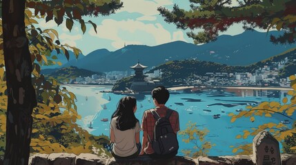 Korean couple enjoying scenic view