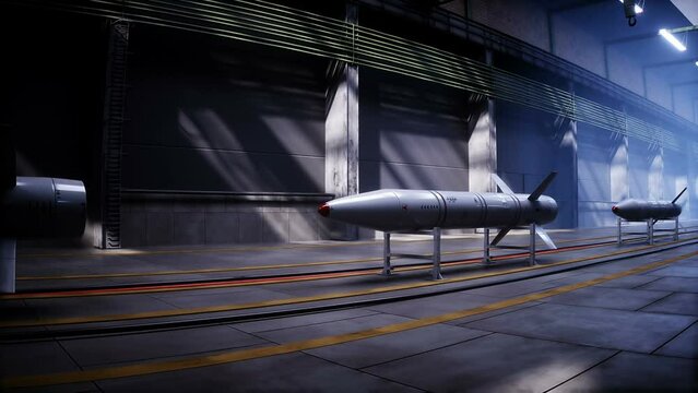 Military tactic rocket factory, production line. War concept, realistic 4k animation.